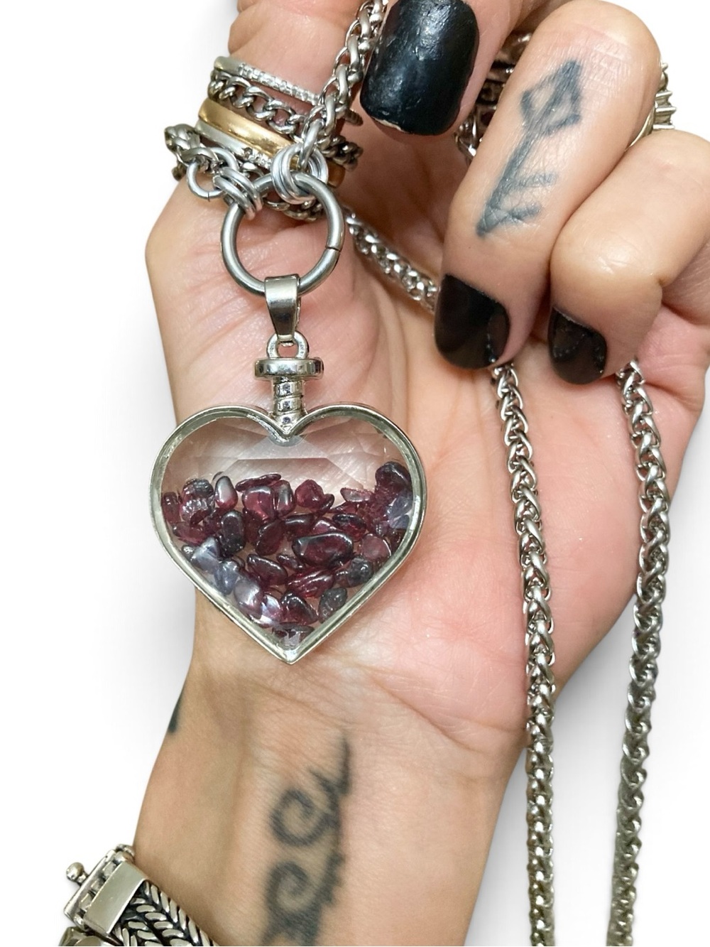 Genuine garnet gemstones chips in heart glass bottle boho silver necklace